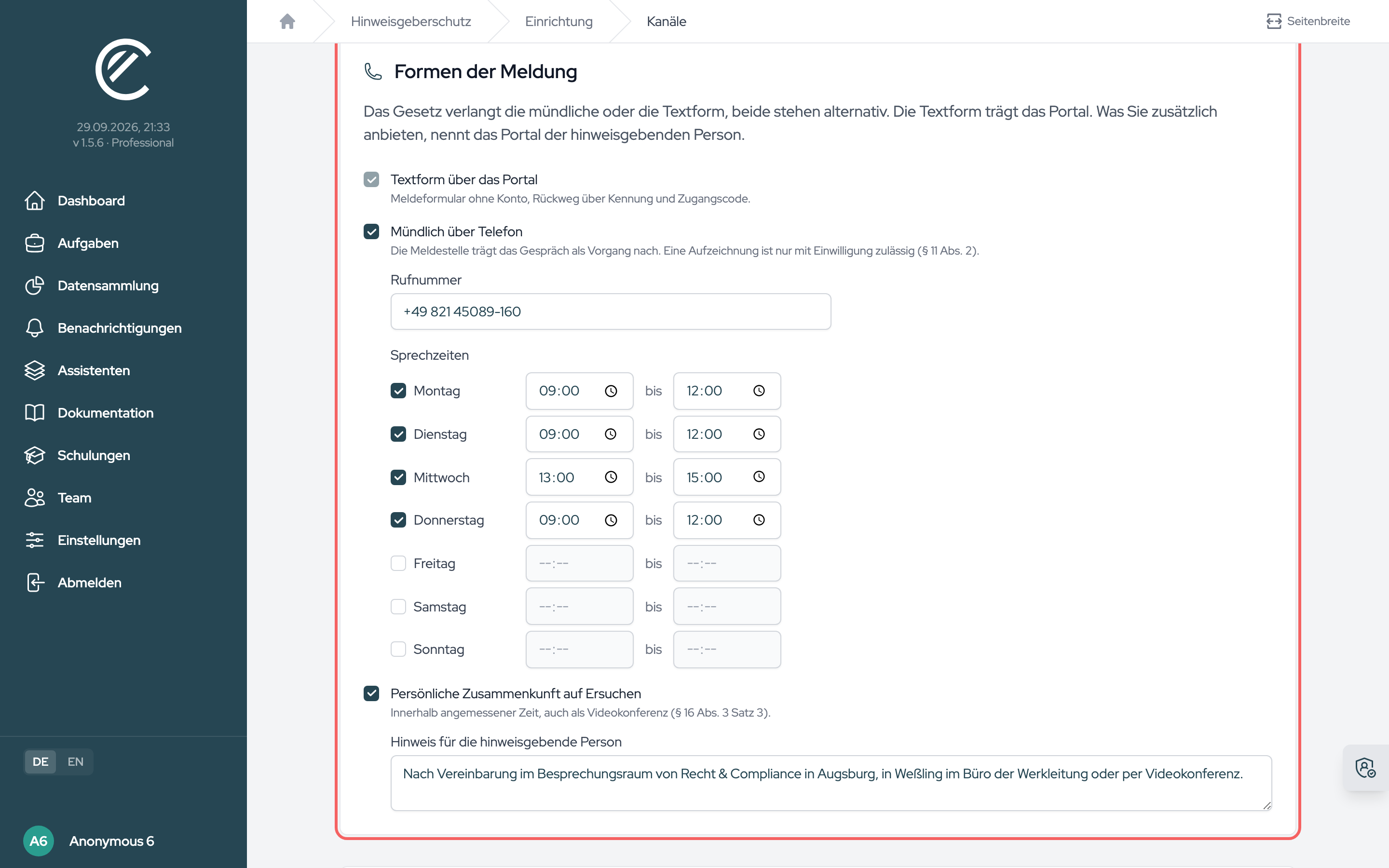 Die Formen der Meldung: Textform über das Portal ist fest, Telefon und persönliche Zusammenkunft kommen hinzu, jeweils mit den Angaben, die das Portal der hinweisgebenden Person nennt.