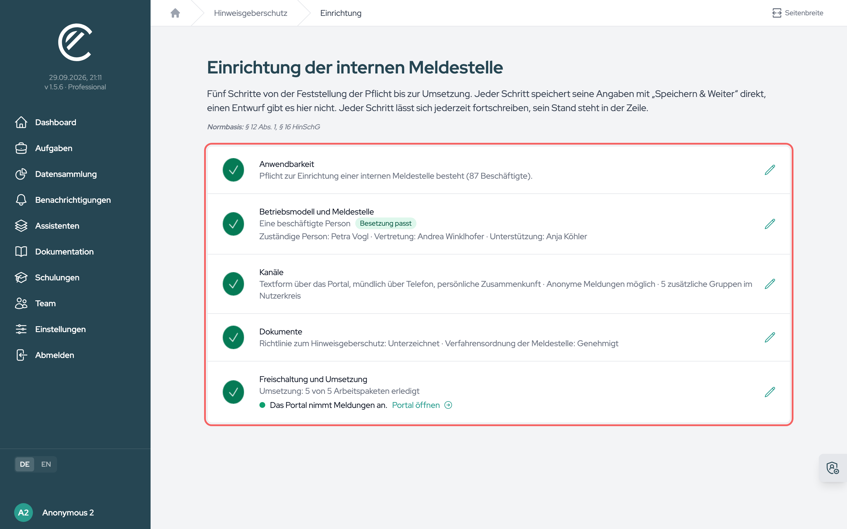 Die Übersicht der Einrichtung: je Schritt der Stand in einem Satz, im letzten Schritt der Zustand des Portals mit „Portal öffnen“.