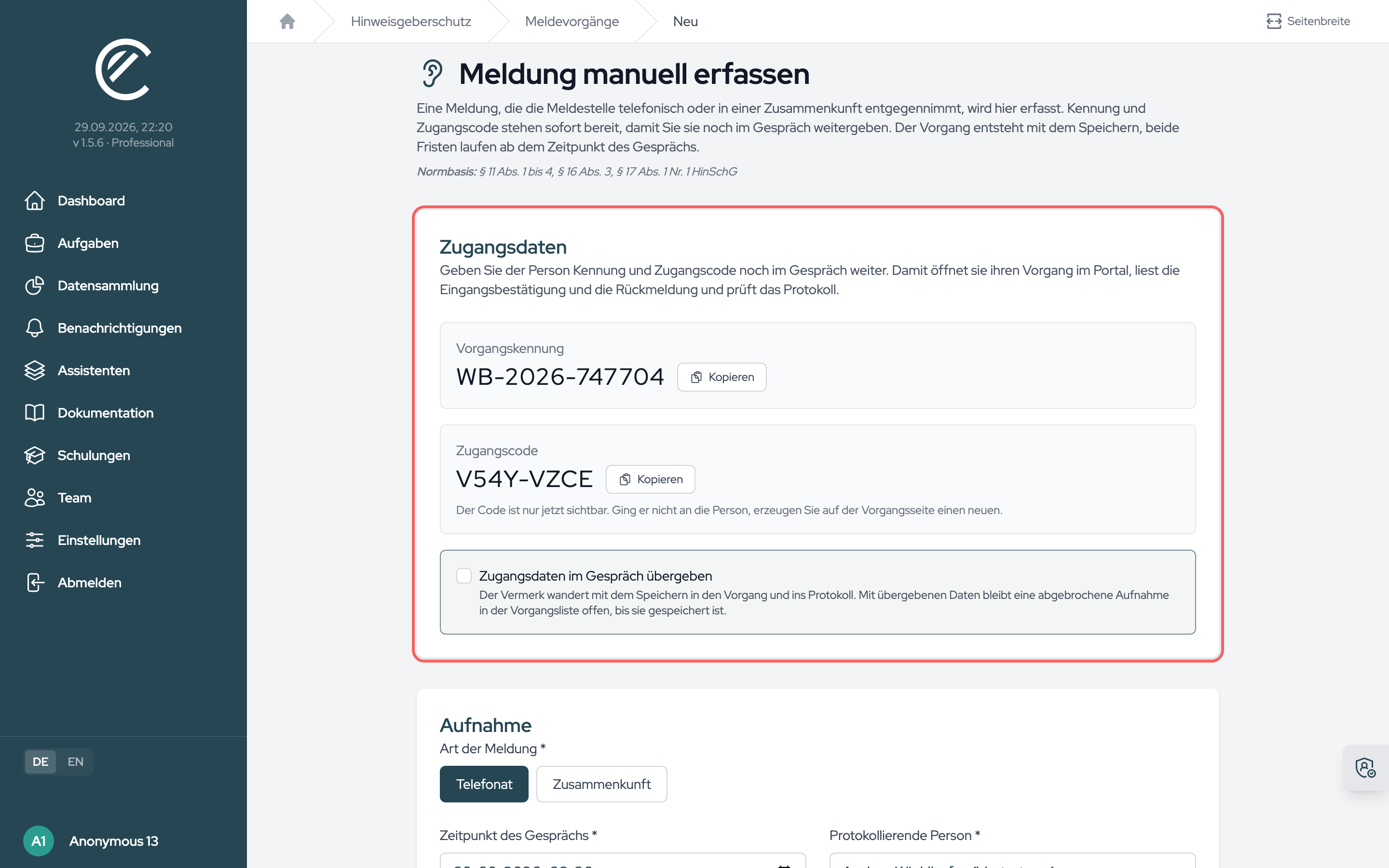 Kennung und Zugangscode stehen bereit, bevor der Vorgang gespeichert ist; der Code ist nur auf dieser Seite sichtbar.