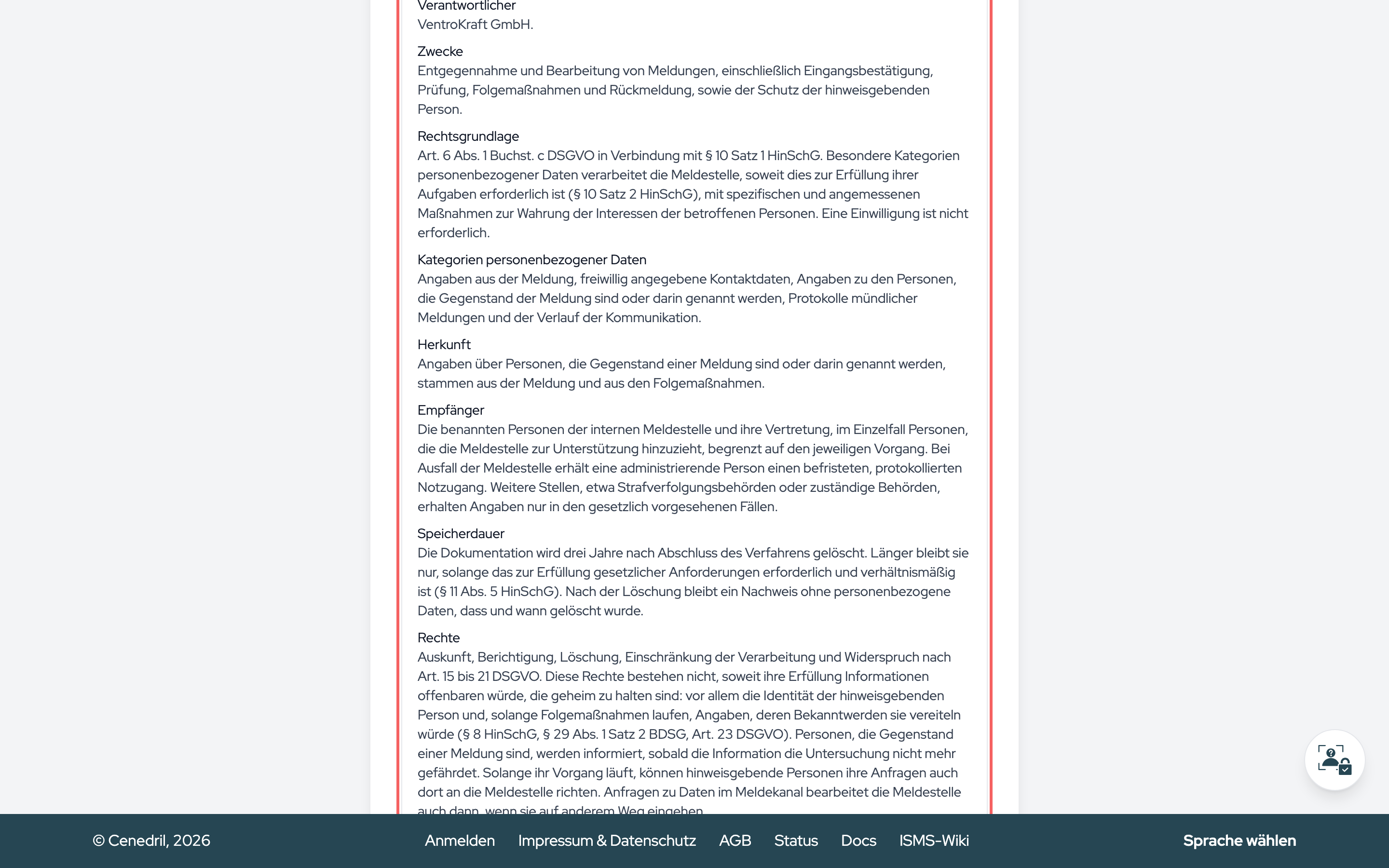 Die Datenschutzinformation zum Zeitpunkt der Erhebung, aufgeklappt über dem Absenden.