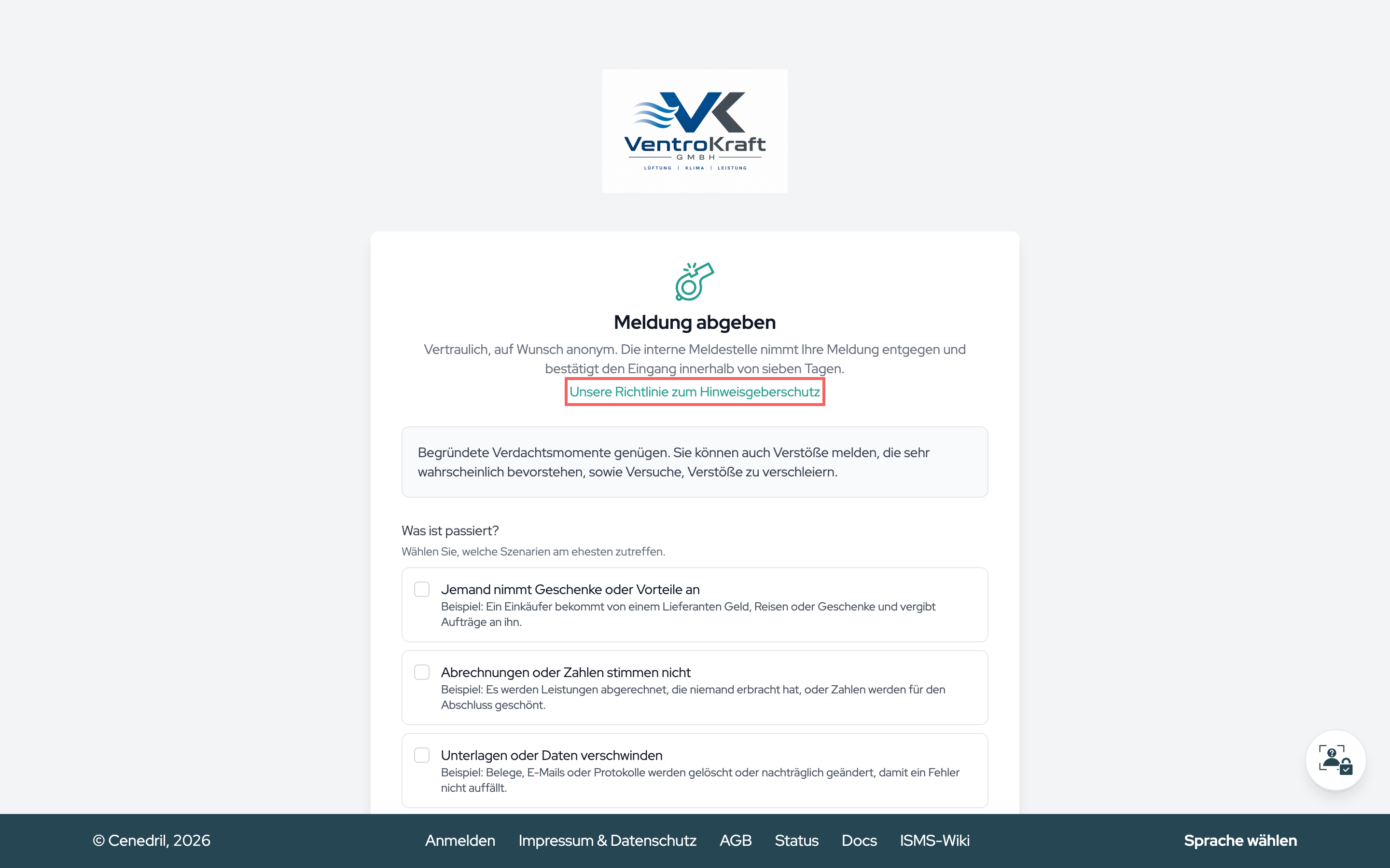 Der Einstieg des Portals mit Logo, dem Versprechen der Vertraulichkeit und dem Weg zur Richtlinie.