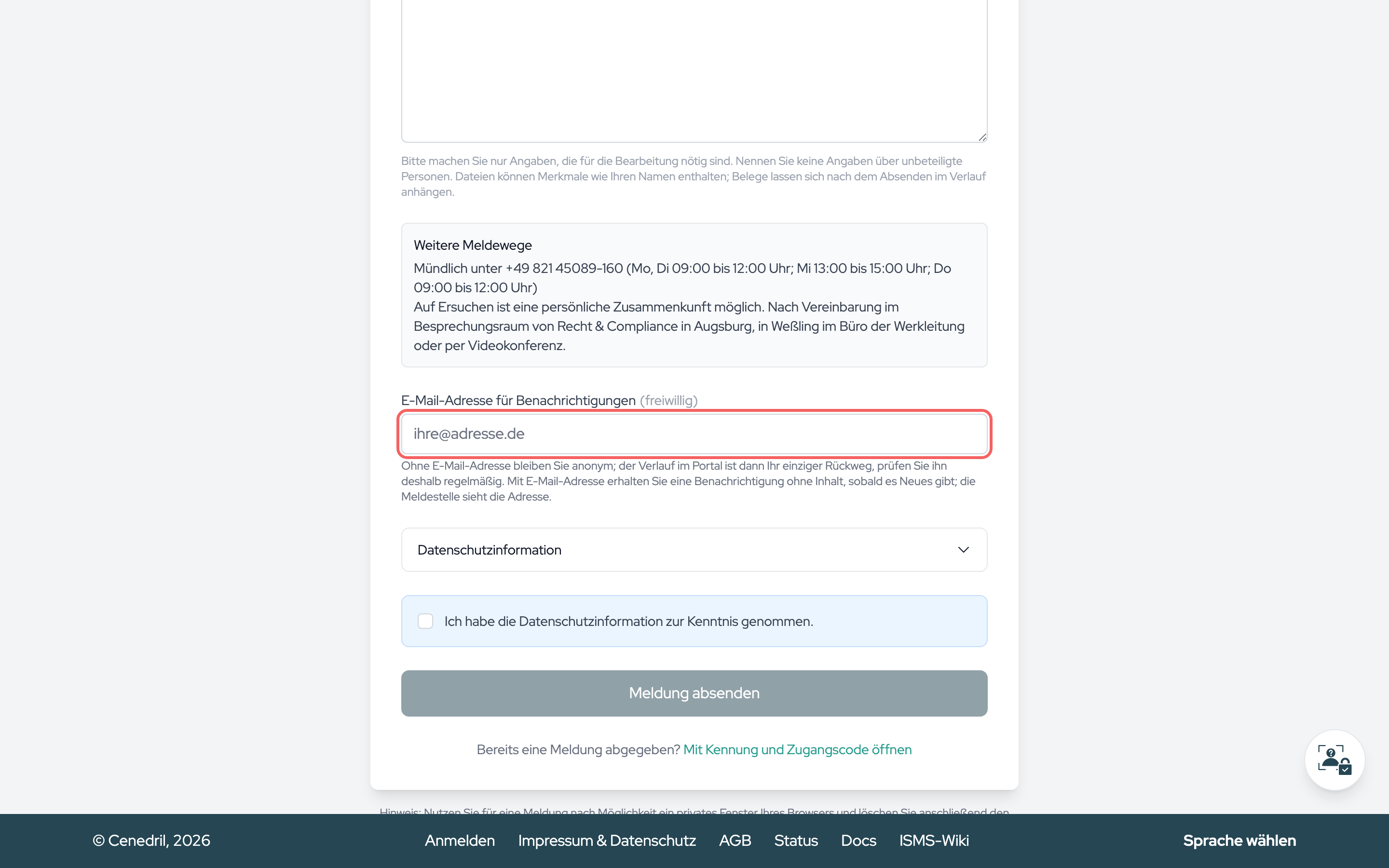 Das Formular fragt nach keinem Namen; die E-Mail-Adresse ist freiwillig, und der Satz darunter nennt die Folge.