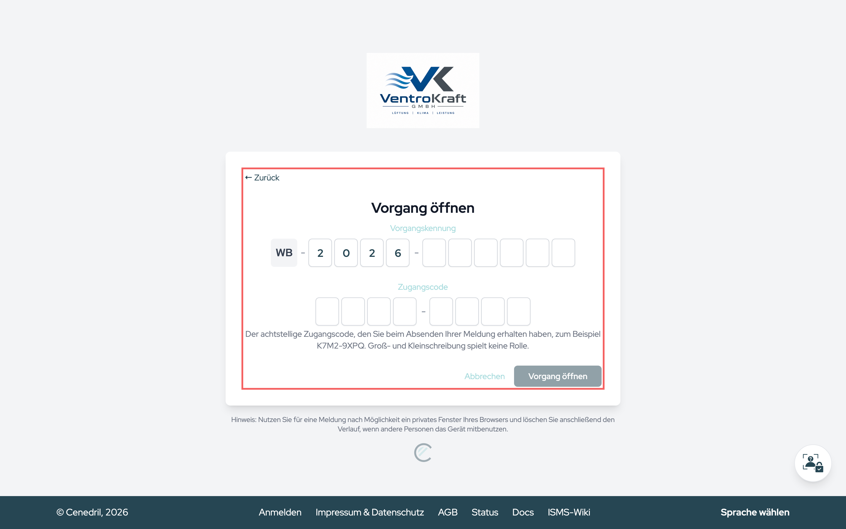 Der Wiedereinstieg mit Vorgangskennung und Zugangscode, ohne Konto.