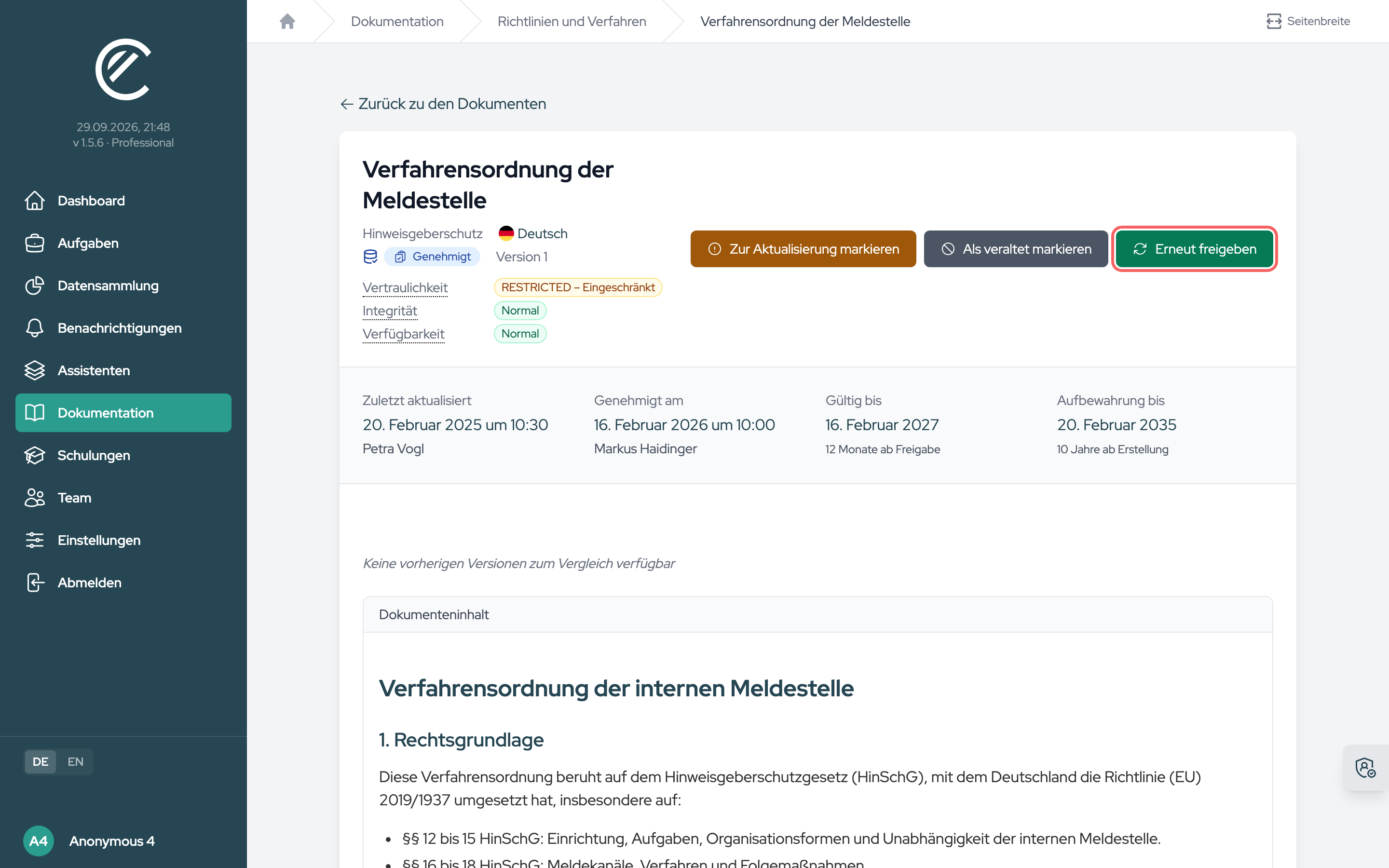 Die freigegebene Verfahrensordnung mit ihrer Geltung. „Erneut freigeben“ verlängert dieselbe Fassung.