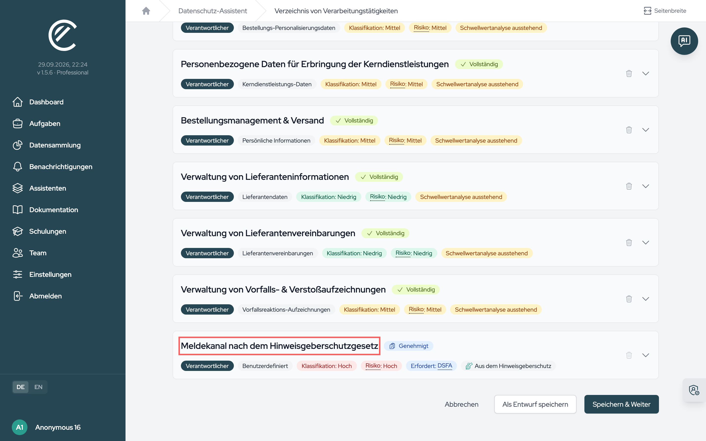 Die Verarbeitungstätigkeit des Meldekanals im Verzeichnis des Datenschutz-Assistenten.