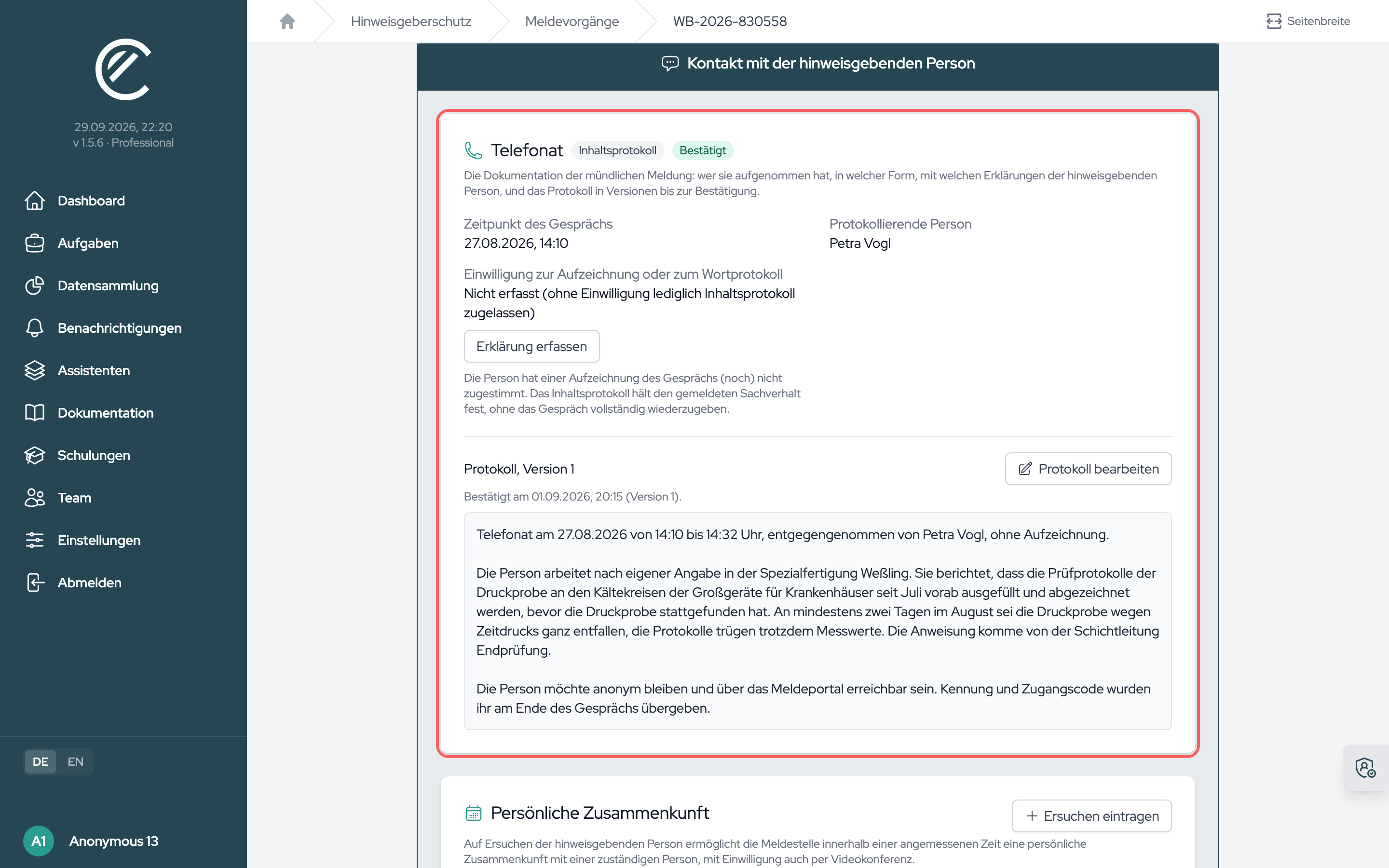 Die Karte des Telefonats: Inhaltsprotokoll ohne Aufzeichnung, von der Person im Portal bestätigt.