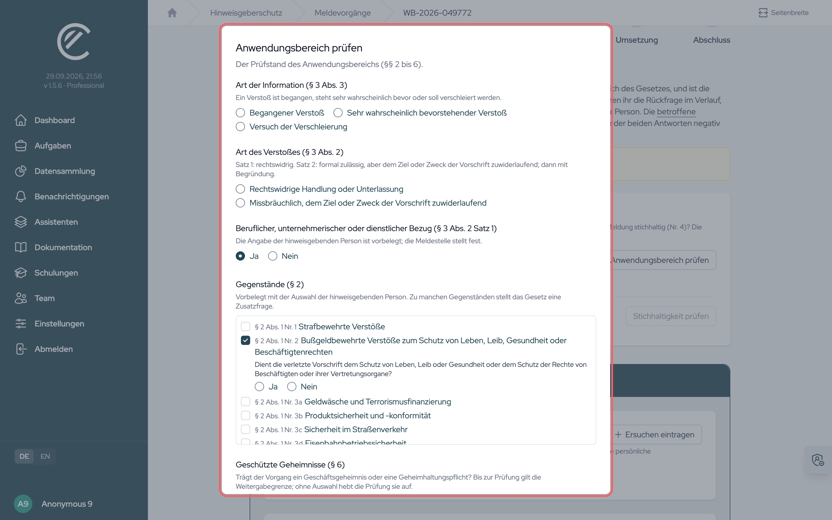 Das Fenster Anwendungsbereich prüfen, vorbelegt mit den Angaben der hinweisgebenden Person. Die Gesetzesverweise folgen dem Land der Meldestelle.