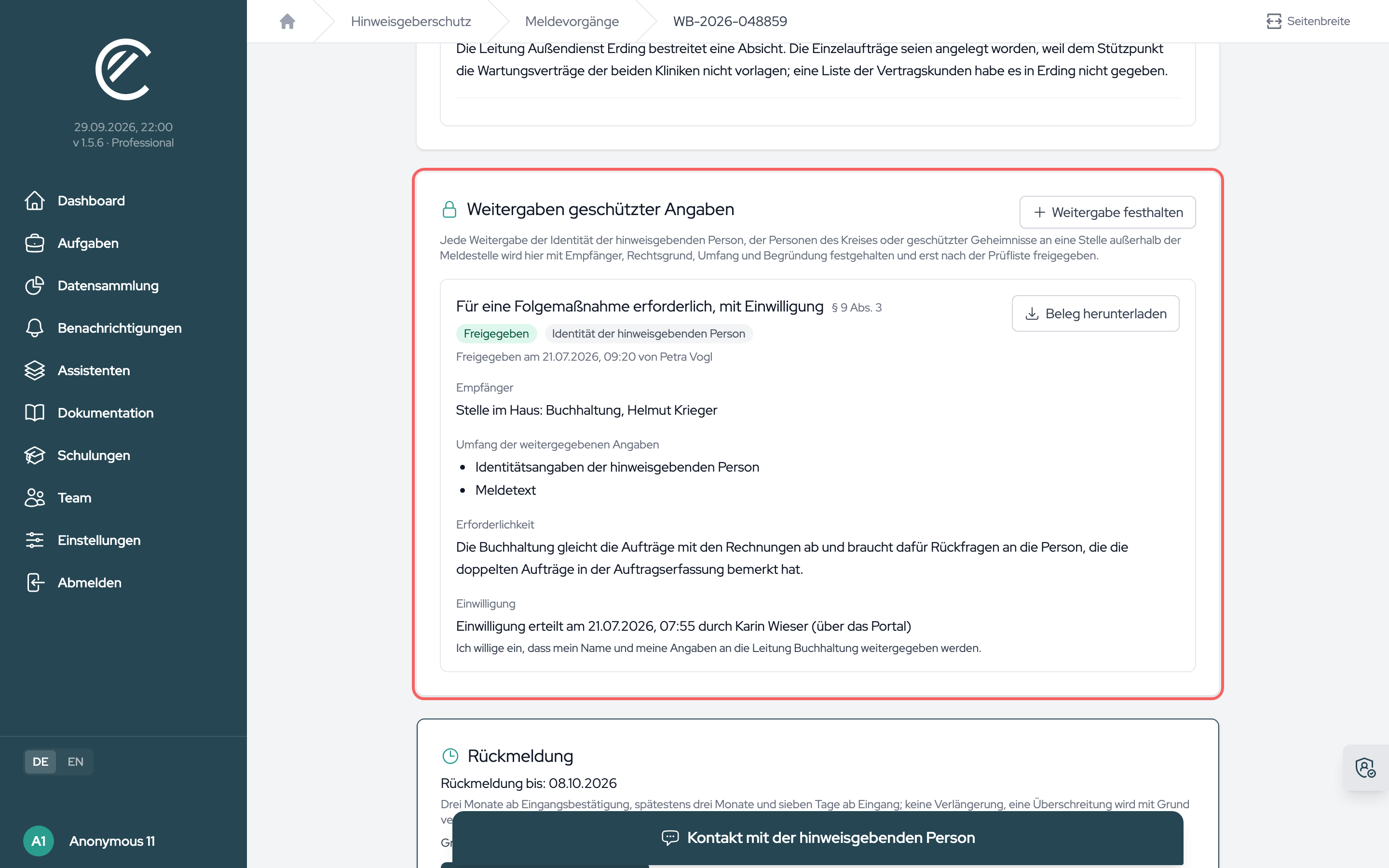 Eine freigegebene Weitergabe der Identität an die Buchhaltung, mit Rechtsgrund, Umfang, Erforderlichkeit und der Einwilligung aus dem Portal.
