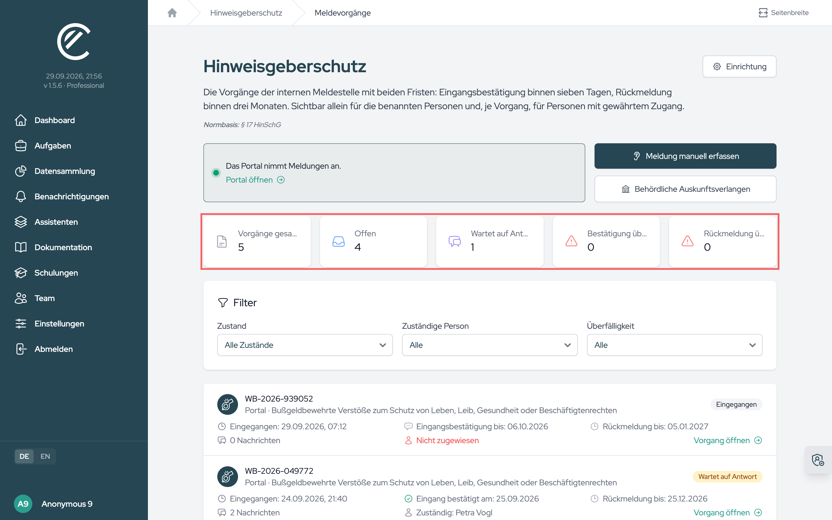 Die Vorgangsliste der Meldestelle: Kennzahlen mit den überfälligen Fristen, darunter jeder Vorgang mit seinem Stand.