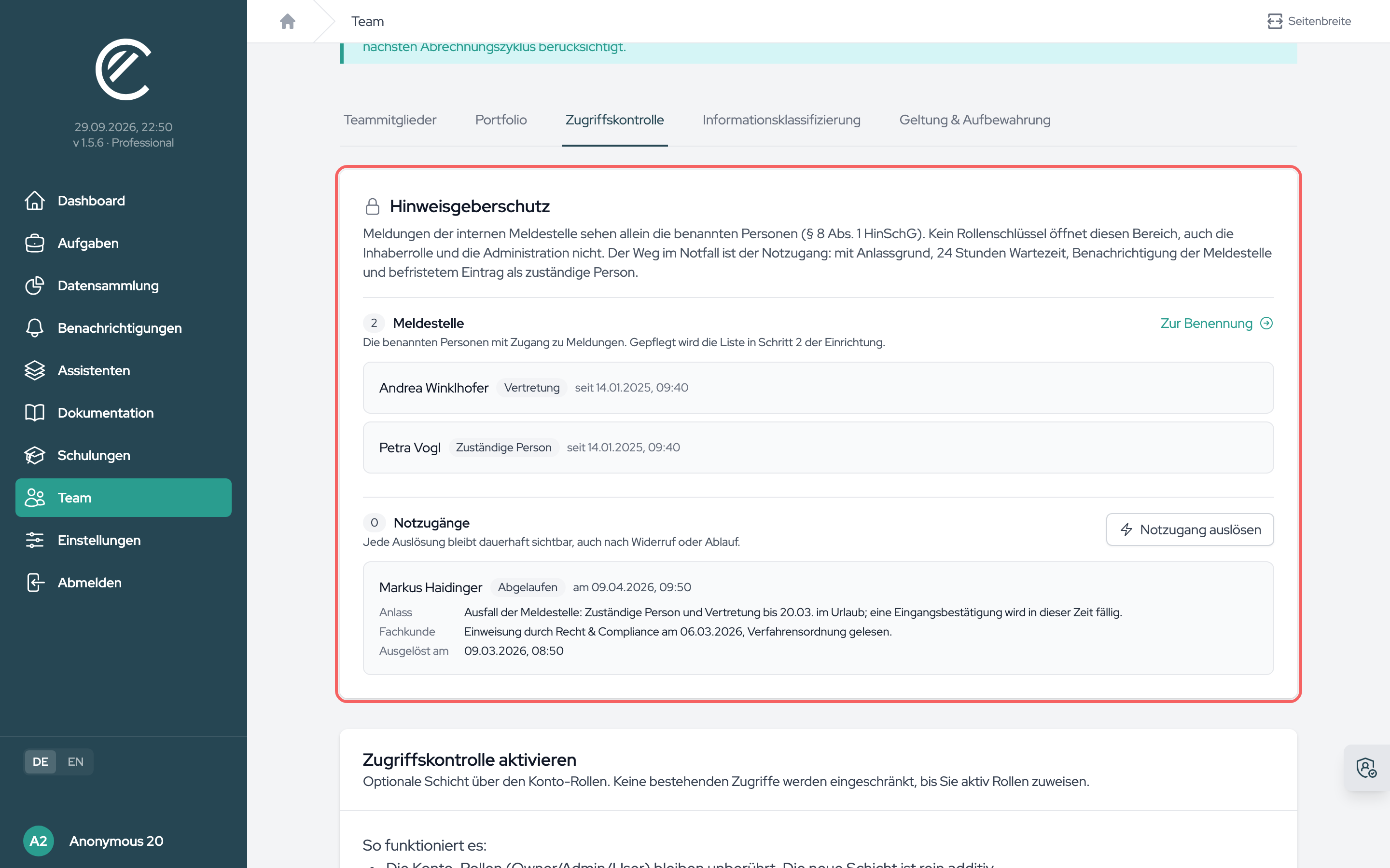 Die Karte Hinweisgeberschutz in der Zugriffskontrolle: die benannte Meldestelle und alle bisherigen Notzugänge.